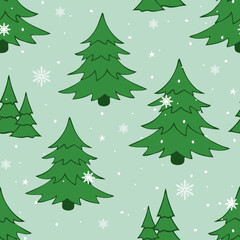 Sticker - Seamless vector pattern with winter forest on grey background. Simple spruce tree wallpaper design. Decorative seasonal fashion textile.