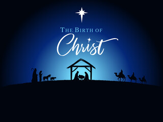 The Birth of Christ with shepherds and wise man. Nativity scene, silhouette Jesus in manger on night sky background. Christmas story Mary Joseph and baby Jesus, vector illustration