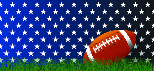 Wall Mural - American football on green grass field. Sport team game cup. Rugby ball day. Funny super bowl weekend party. USA, sport finale, school games or on street. Vector template background sign. 