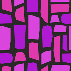 Poster - Abstract cutting creative seamless pattern on black background. Trendy hand drawn geometric shapes in bright violet colors. Vector illustration