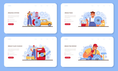  Car repair service web banner or landing page set. Automobile's brake