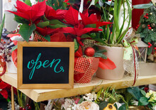 Chalkboard OPEN Inside A Flower Shop During Holiday Winter Season