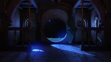 Blue Light Pours Into The Stone Floor Through The Open Round Wooden Door. Fantasy Night Scene. Magic 3D Illustration.