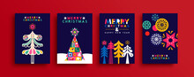 Christmas New Year Neon Folk Pine Tree Card Set