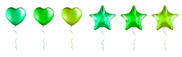 Wall Mural - Bug Set of Green Star and Heart Shaped foil balloons on transparent white background. Mockup for balloon print. Vector.