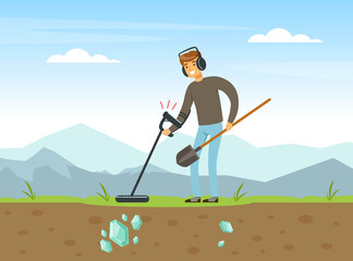 Wall Mural - Man Treasure Hunter with Shovel and Metal Detector Finding Precious Jewel Vector Illustration