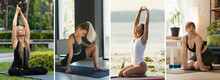 Composite Image Of Shots Of Beautiful Sportive Women In Sportswear Doing Yoga Exercises Outdoors And Indoors. Concept Of Healthy Lifestyle