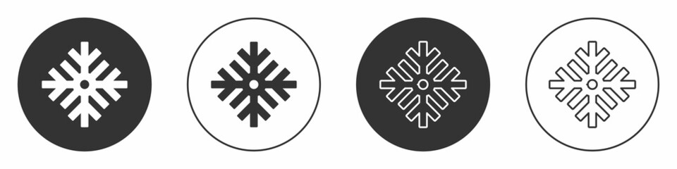 Black Snowflake icon isolated on white background. Merry Christmas and Happy New Year. Circle button. Vector