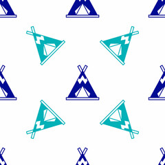 Wall Mural - Blue Traditional indian teepee or wigwam icon isolated seamless pattern on white background. Indian tent. Vector