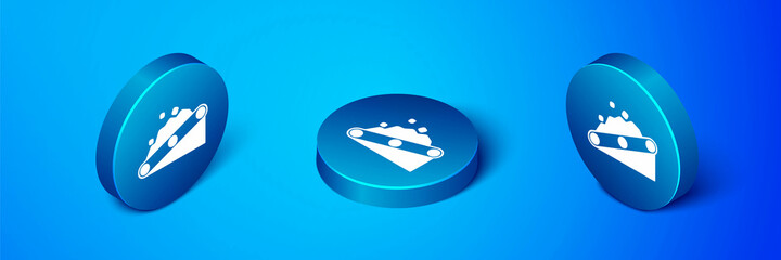 Poster - Isometric Conveyor belt carrying coal icon isolated on blue background. Blue circle button. Vector