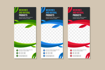 Poster - Ecology and green life concept vertical banners isolated vector illustration. medicines and natural product roll up vertical banner with plants as border of photo. 