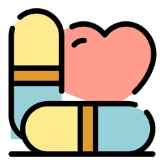 Poster - Heart and capsules icon. Outline heart and capsules vector icon color flat isolated