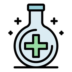Poster - Flask with a medical cross icon. Outline flask with a medical cross vector icon color flat isolated