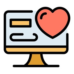Poster - Computer and heart icon. Outline computer and heart vector icon color flat isolated