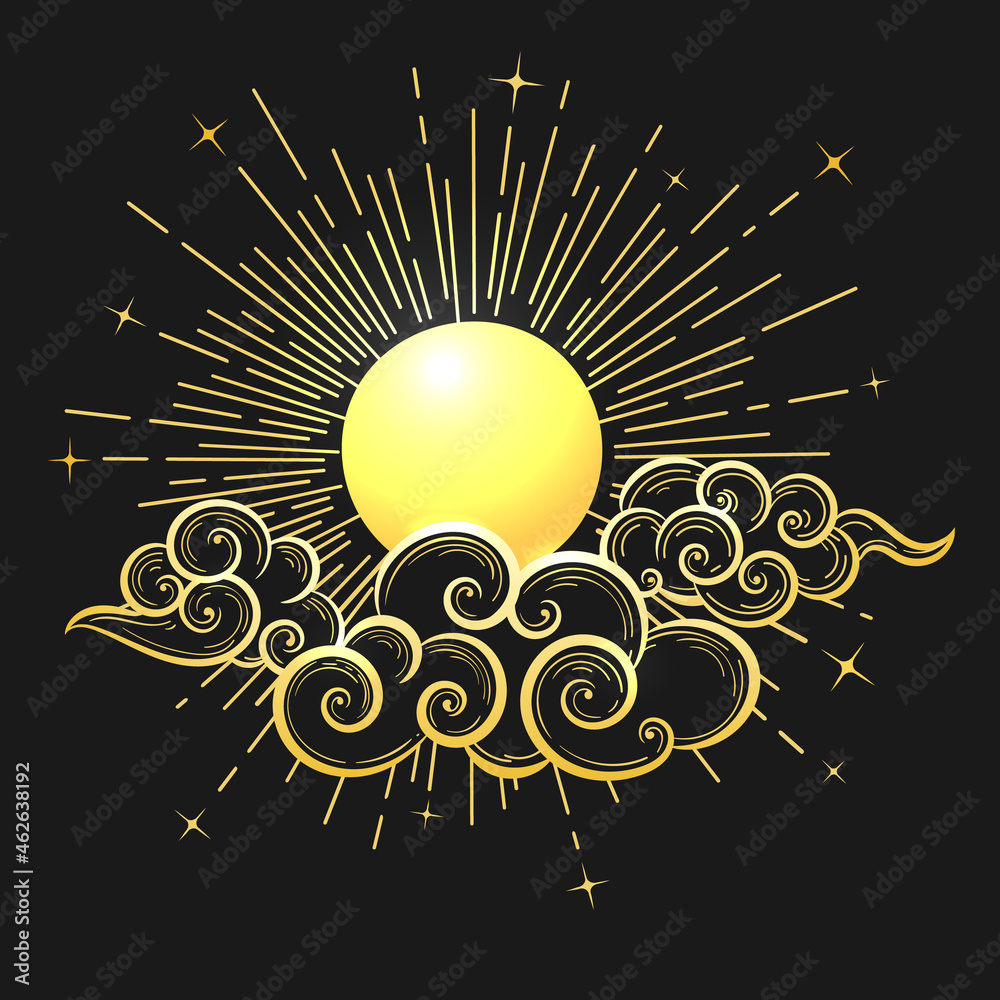 Hand Drawn Sun and Clouds on Black background Stock Vector | Adobe Stock