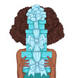 Vector African American woman with lush curly hairstyle. Brown wavy hair. Brunette girl holding gift turquoise boxes decorated with mint ribbons and bows. Holiday presents Christmas and Happy New Year