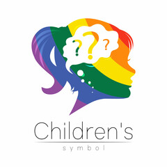 Wall Mural - Modern logotype Kid Girl head with question inside brain . Logo Child sign of Psychology. Profile Human. Creative style. Symbol in vector. Design concept. Rainbow color isolated on white