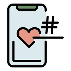 Poster - Smartphone hashtag heart icon. Outline smartphone hashtag heart vector icon color flat isolated