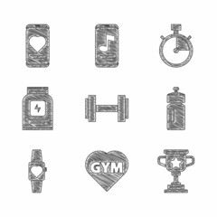 Sticker - Set Dumbbell, Fitness gym heart, Award cup, shaker, Smartwatch, Sports nutrition, Stopwatch and Mobile with rate icon. Vector