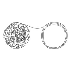  Unraveling tangled tangle. Psychology therapy help concept. Chaos and mess line symbol. Vector illustration isolated on white.