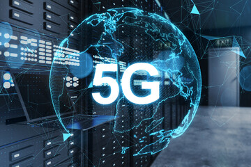 Aufkleber - Globe with 5G hologram on blurry server room background. Technology, database and future concept. Double exposure. 3D Rendering.