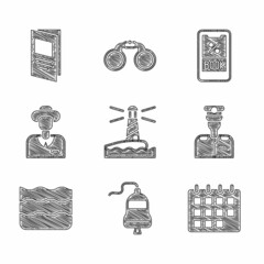 Poster - Set Lighthouse, Ship bell, Calendar, Captain of ship, Wave, Tourist, Cruise ticket and Brochure icon. Vector