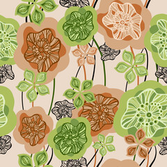 Wall Mural - Vector illustration. Seamless pattern of abstract flowers. Floral background in a modern style for wrapping paper, textiles, postcards and your design.