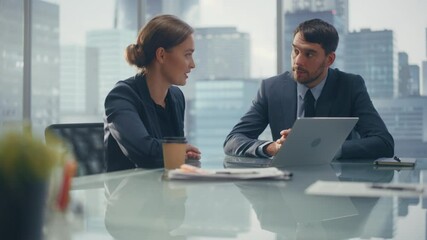 Poster - Successful Corporate CEO and Investment Manager Talking, Using Laptop Computer while Sitting in Meeting Room in Office. Two Successful Businesspeople Brainstorm on e-Commerce Marketing Project.