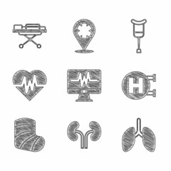 Poster - Set Monitor with cardiogram, Human kidneys, Lungs, Hospital signboard, Gypsum, Heart rate, Crutch crutches and Stretcher icon. Vector