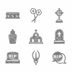 Wall Mural - Set Church building, Lily flower, Speech bubble rip death, Grave with tombstone, Tombstone RIP written, Funeral urn, cross and Coffin icon. Vector