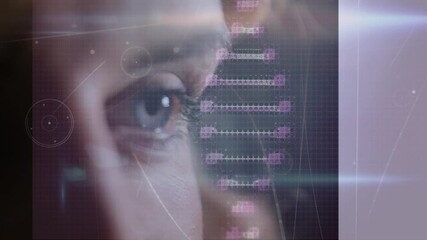 Poster - Animation of dna strand spinning with networks of connections over womans face