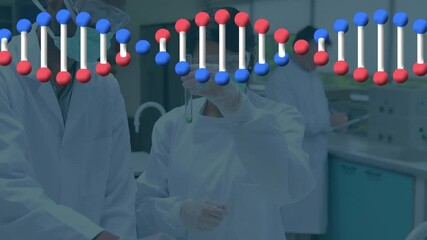 Poster - Animation of dna strand spinning over grup of scientists in laboratory