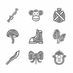 Poster - Set Hunter boots, Elephant, Monkey, Tropical leaves, Machete, Mushroom, Canteen water bottle and Hunting gun icon. Vector