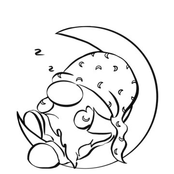 Cute gnome in hat sleeping on the moon. Christmas and New Year contoured illustration for banner and design. Collection of gnomes in cartoon style. Colouring book.