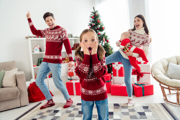 Sticker - Photo of charming impressed big family wear christmas sweaters dancing hands arms cheeks cheekbones smiling indoors room home house