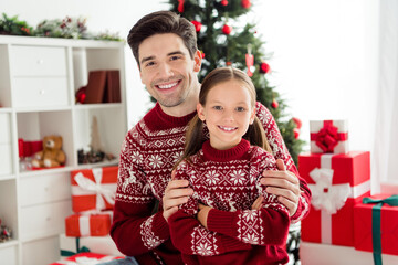 Wall Mural - Photo of happy positive family father daughter christmas mood spirit smile relationship indoors inside house home