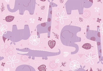 Pretty pink and purple safari animal characters in a seamless vector pattern. Vector patterns are great for backgrounds, wrapping paper, and surface designs.