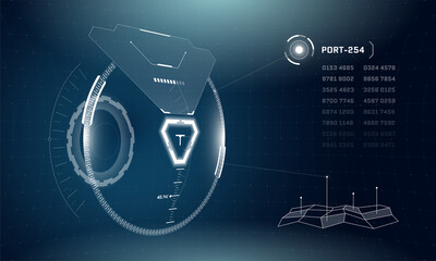  - Abstract 3d futuristic technology HUD circle glowing elements. Digital cyberpunk interface screen design. Techno infographics panel. Vector science and technology GUI UI dashboard eps illustration