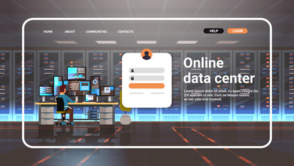 Fototapete - man working in online data center room website landing page template hosting server computer monitoring