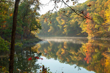 Lake and trees in autumn color in morning light in northern Minnesota