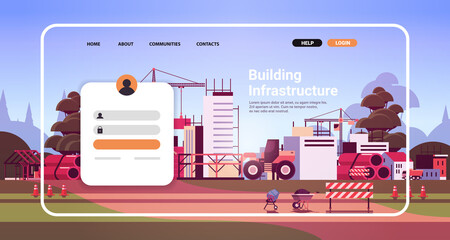 Poster - online building infrastructure website landing page template with construction site