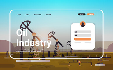 Poster - oil industry website landing page template pumpjack barrels petroleum production concept