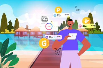 Poster - businessman using cryptocurrency mining application on tablet pc virtual money transfer app banking transaction
