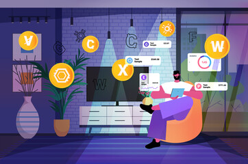 Poster - man using cryptocurrency mining application on tablet pc virtual money transfer app banking transaction digital currency