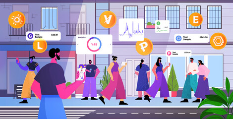 Poster - people using cryptocurrency mining app on gadgets virtual money transfer application banking transaction digital currency