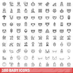 Wall Mural - 100 baby icons set. Outline illustration of 100 baby icons vector set isolated on white background