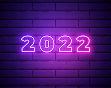 2022 neon signboard. Happy New Year. Realistic pink neon numbers on dark brick wall. Vector 2022 in neon linear style.
