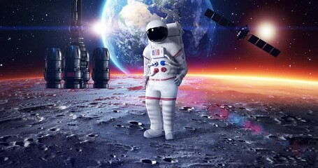 Wall Mural - an astronaut confused and looking around. planet earth on background. space and technology related 3