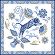 Blue nordic tiger in ornamental frame with abstract asian floral elements.  Abstract oriental paisley flowers