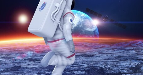 Wall Mural - astronaut running on planet surface. moving fast. planet earth on background. space and technology r